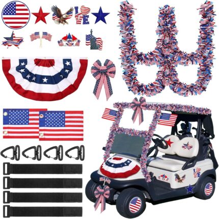 18 Pcs 4th of July Parade Golf Cart Decorations Independence Day Parade Bunting Flag Golf Cart Flags with Elastic Strap Bracket Tinsel Garland Golf Cart Stickers for Memorial Day Party Decor