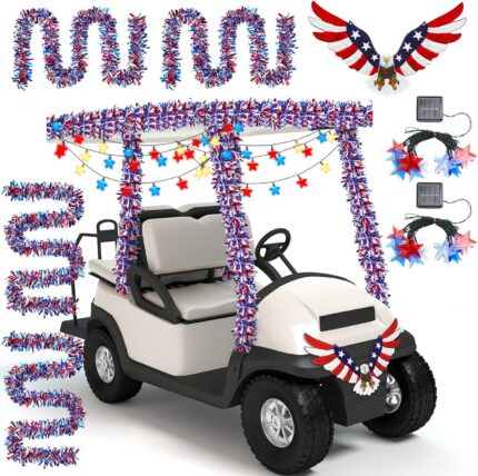 4th of July Patriotic Golf Cart Decorations Kit Include Star String Lights Battery Operated American Flag Bald Eagle Decor Red White Blue Garland for Patriotic Independence Day Party Favors