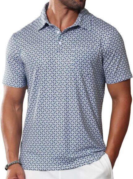 Lexiart Mens Golf Shirt Short Sleeve Dry Fit Print Moisture Wicking Performance Patterns Collared Polo Shirt with Pocket