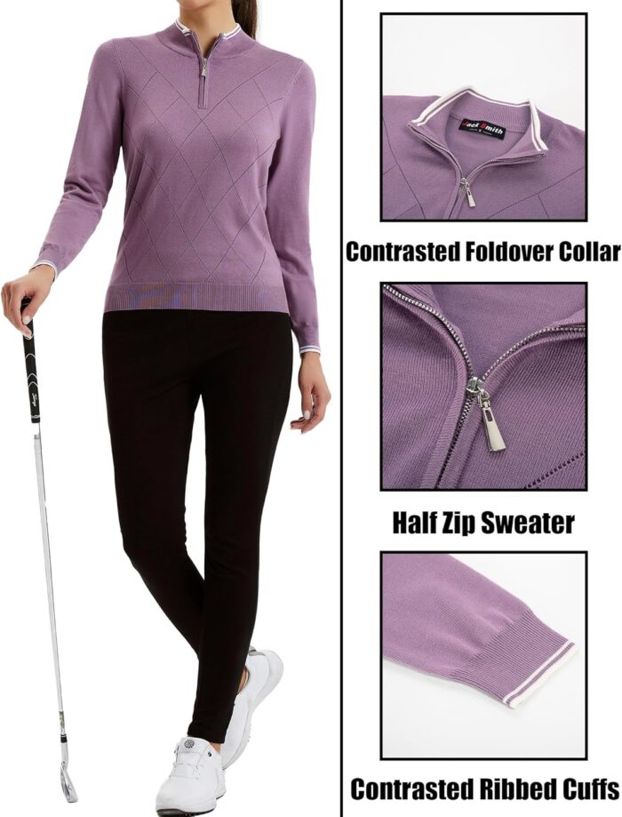 JACK SMITH Pullover Sweaters for Women Long Sleeve Argyle Quarter Zipper Collar Polo Sweater Ribbed Knit Golf Tops - Image 4
