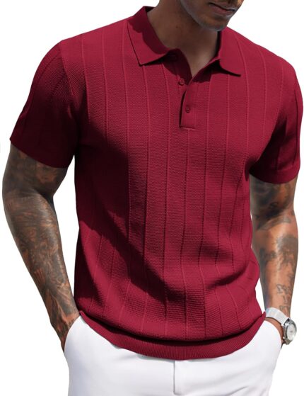 COOFANDY Mens Knit Polo Shirts Short Sleeve Ribbed Textured Polo Shirt Lightweight Casual Golf Shirts Collared T Shirt