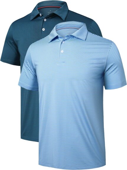 2 Pack Men’s Golf Polo Shirts Striped Moisture Wicking Short Sleeve Performance Quick Dry Casual Tennis Golf