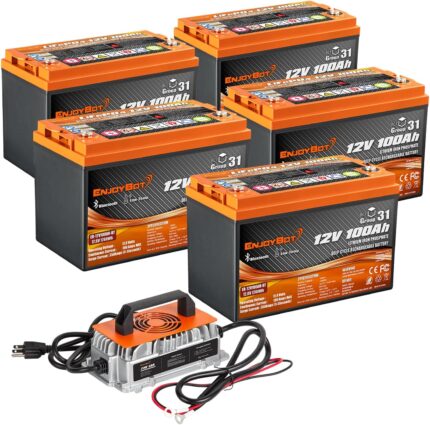 Enjoybot 5 Pack 12V 100Ah LiFePO4 Lithium Battery with 73V 13A Charger, 100A BMS Deep Cycle Battery with Low Temp Cut Off, Up to 6 in Series, Peak Current 350A for 60V Golf Cart, Electric LSVs, UTVs