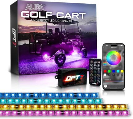 OPT7 Aura Golf Cart Underglow LED Light Strips with App & Remote Control, 4PC RGB Multi-Color Music Sync Decor Accessories, Waterproof Exterior Neon Accent Lighting Kit for EZGO Yamaha Club Car, 12V