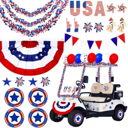 34Pcs 4th of July Parade Golf Cart Decoration Kit - Bunting Burlap Flag, Tinsel Garlands, Balloons, Etc - Red White Blue Decor for Patriotic Independence Day Party Favors