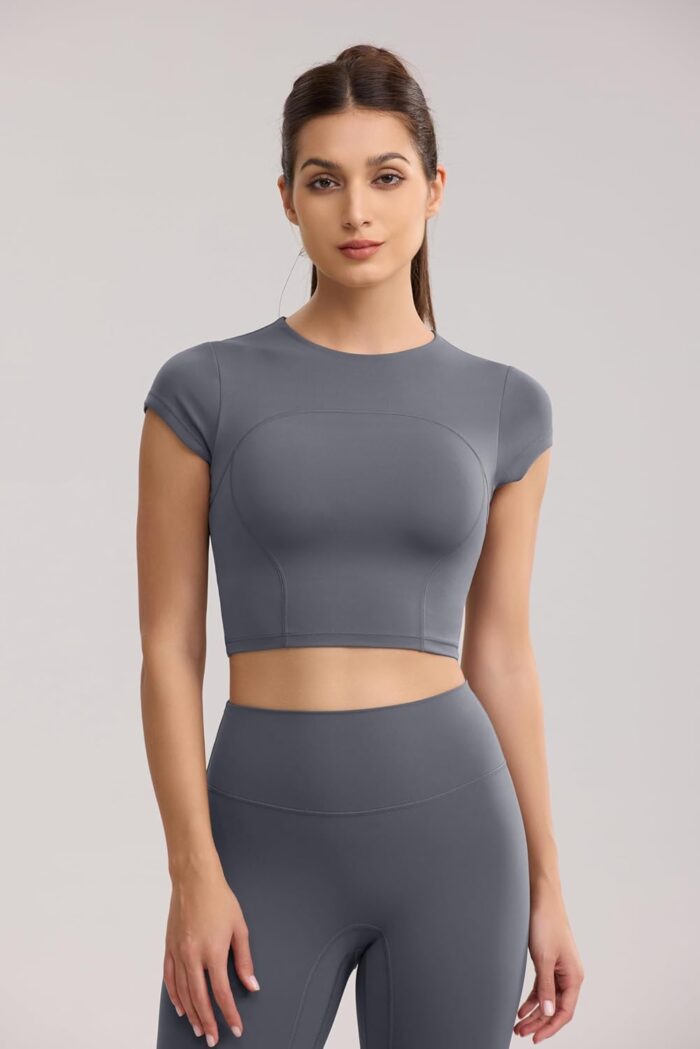 Workout Crop Tops for Women Yoga Short Sleeve Mild Support Slim Fit Cropped Athletic Shirts Gym Tee Built in Bra - Image 2