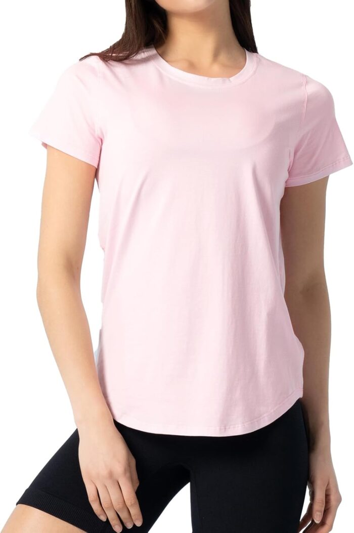 Women's Pima Cotton Short Sleeve Workout Shirt Athletic Yoga Tops Curved-Hem Crewneck T-Shirt - Image 1