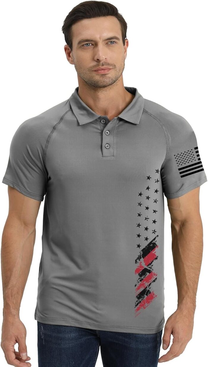 H HYFOL Short Sleeve Polo Shirts for Men Graphic Stretch Casual American Patriotic Raglan Golf Polos for Men - Image 2