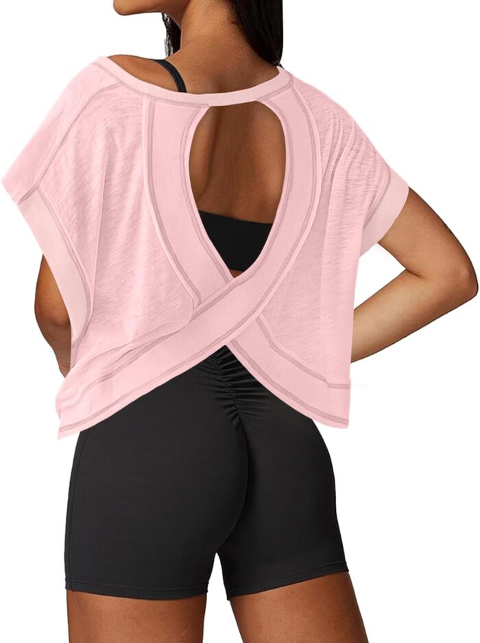 Open Back Workout Tops for Women Loose Fit Athletic Crop Tee Short Sleeve Gym Running Yoga Shirt - Image 1
