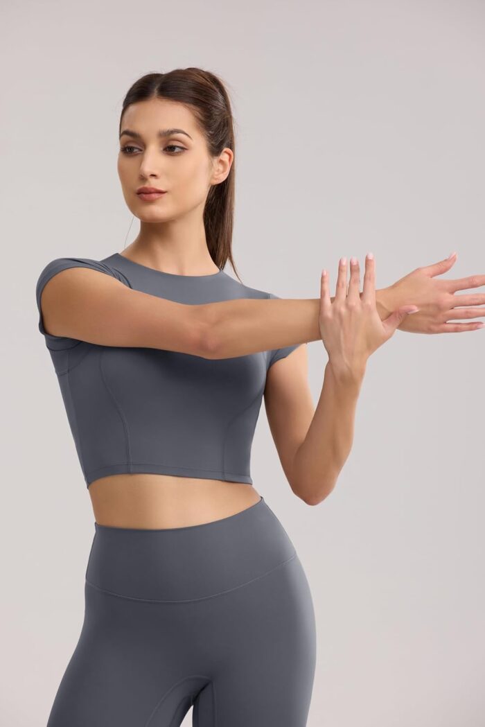 Workout Crop Tops for Women Yoga Short Sleeve Mild Support Slim Fit Cropped Athletic Shirts Gym Tee Built in Bra - Image 4
