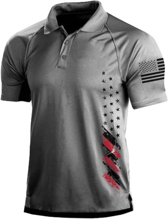 H HYFOL Short Sleeve Polo Shirts for Men Graphic Stretch Casual American Patriotic Raglan Golf Polos for Men - Image 1