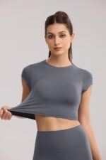 Workout Crop Tops for Women Yoga Short Sleeve Mild Support Slim Fit Cropped Athletic Shirts Gym Tee Built in Bra - Image 3