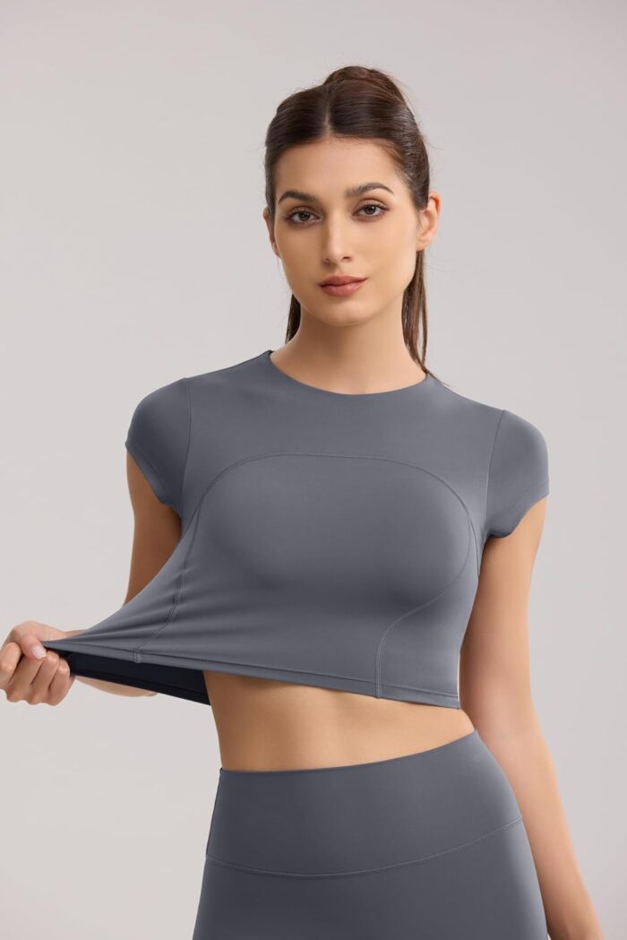 Workout Crop Tops for Women Yoga Short Sleeve Mild Support Slim Fit Cropped Athletic Shirts Gym Tee Built in Bra - Image 3