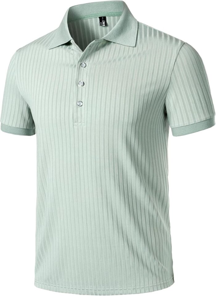 Men's Stretch Knit Slim Fit Polo Shirts Casual Short Sleeve Ribbed Collar Muscle Golf Shirt - Image 2
