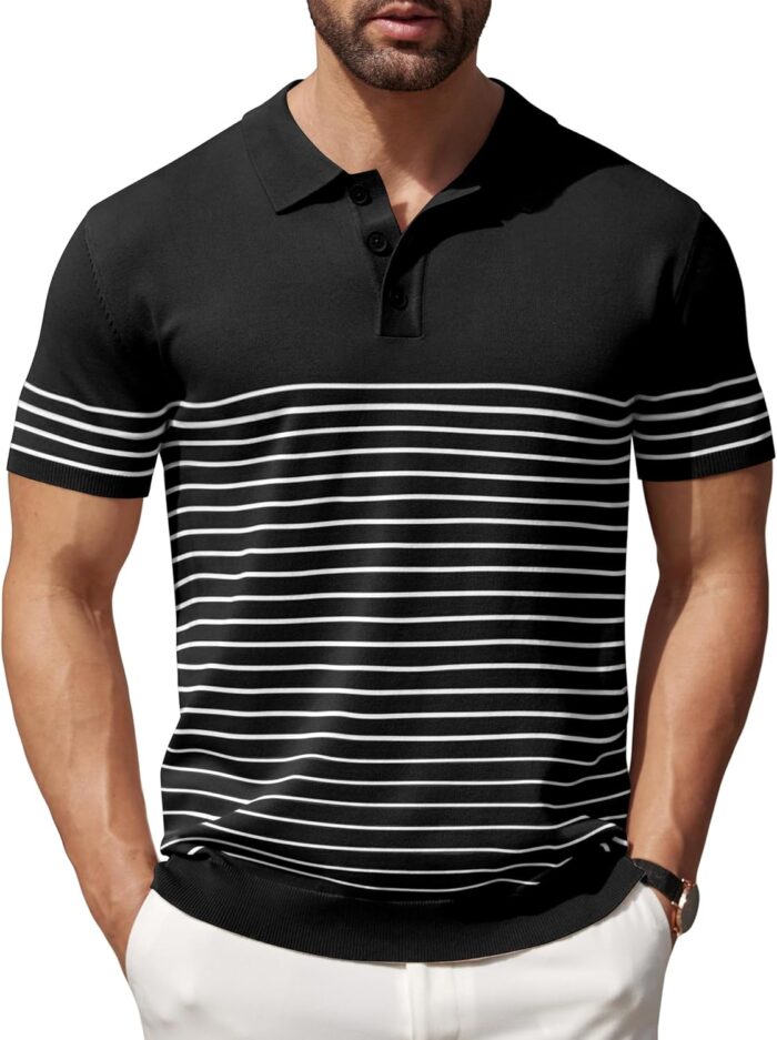 COOFANDY Men's Knit Polo Shirts Short Sleeve Striped Golf Polo Shirts Lightweight Casual Collared T Shirt - Image 1