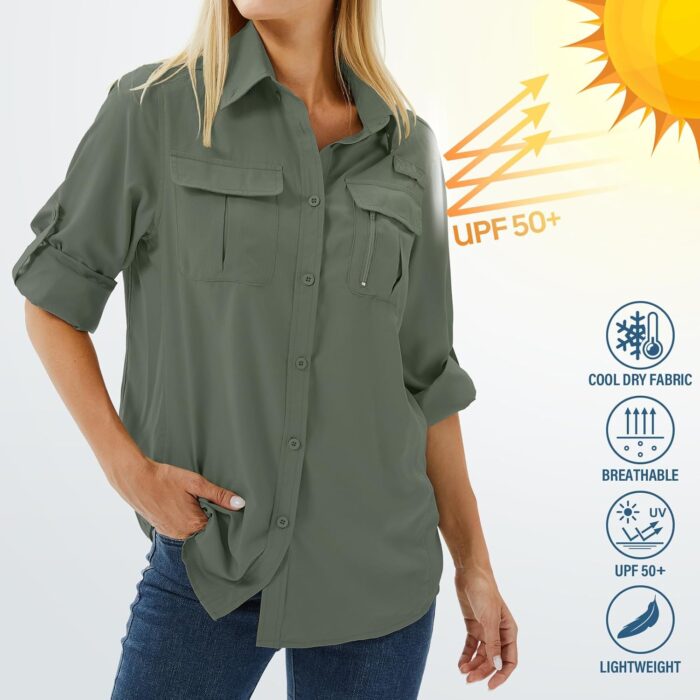 Women's UPF 50 Long Sleeve UV Sun Protection Safari Shirts Outdoor Quick Dry Fishing Hiking Travel Shirts - Image 6