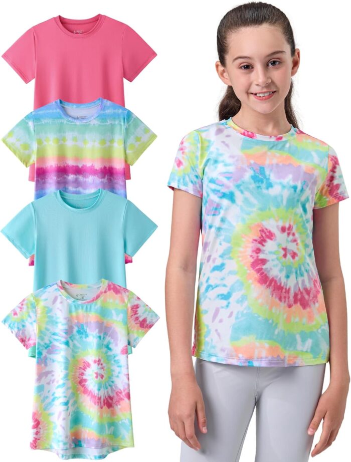 4 Pack: Youth Girls Athletic Shirts, Short Sleeve Dry Fit Apparel Tech Tshirts, Sports Activewear for Kids Teens - Image 1