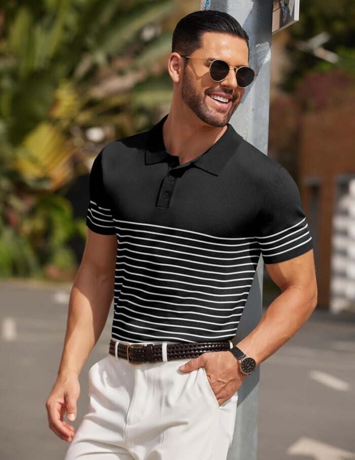 COOFANDY Men's Knit Polo Shirts Short Sleeve Striped Golf Polo Shirts Lightweight Casual Collared T Shirt - Image 4