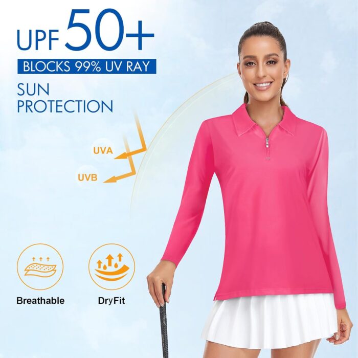 Viracy Womens Golf Shirt UPF50+ Sun Protection Long Sleeve 1/4 Zip Up Polo Workout Tops Fast Dry Fit Moisture Wicking - Image 2