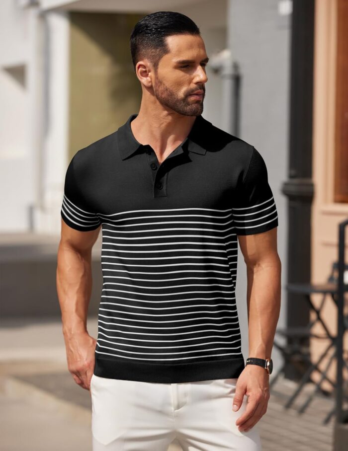 COOFANDY Men's Knit Polo Shirts Short Sleeve Striped Golf Polo Shirts Lightweight Casual Collared T Shirt - Image 2