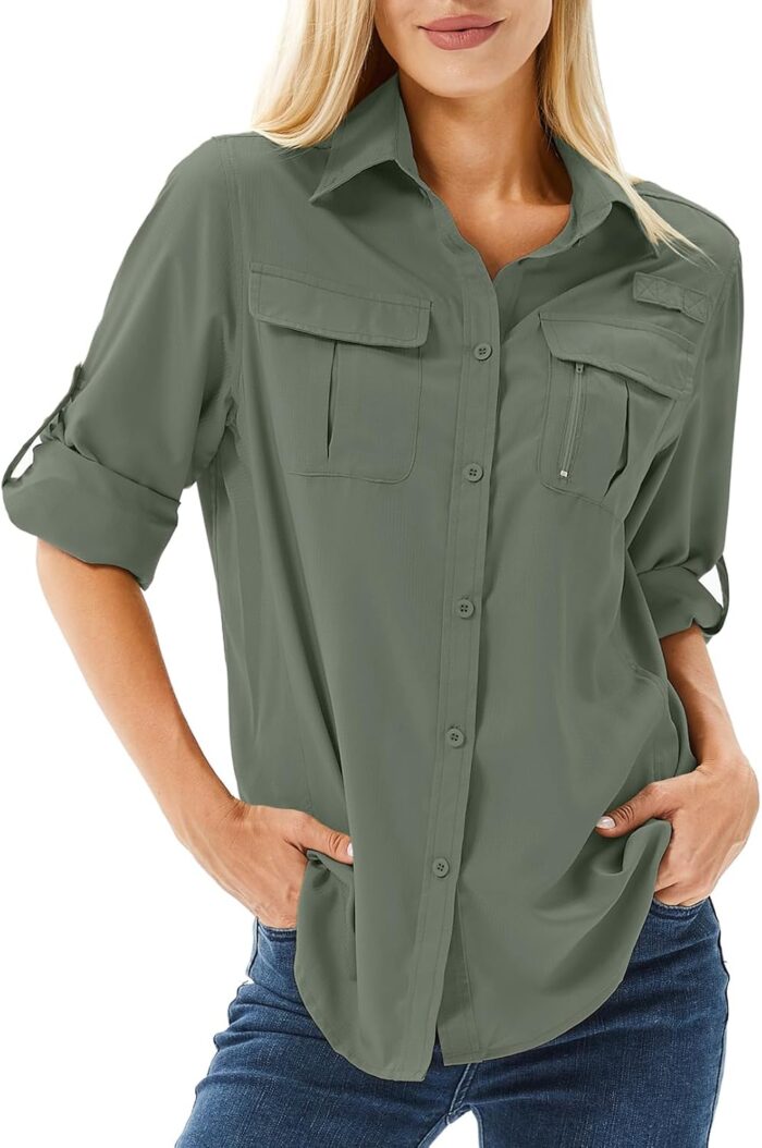 Women's UPF 50 Long Sleeve UV Sun Protection Safari Shirts Outdoor Quick Dry Fishing Hiking Travel Shirts - Image 1