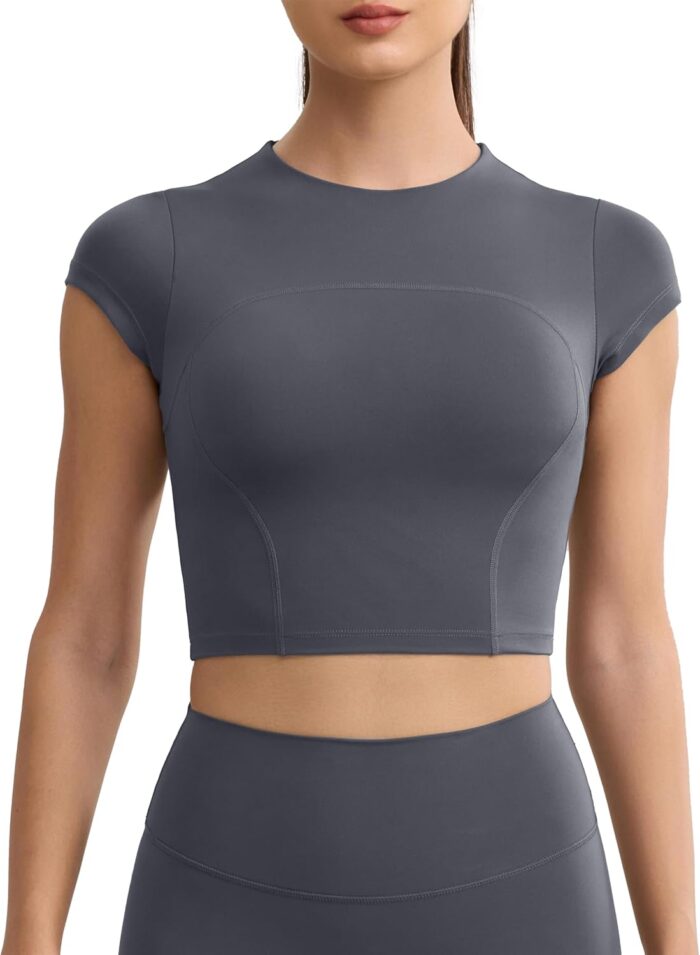Workout Crop Tops for Women Yoga Short Sleeve Mild Support Slim Fit Cropped Athletic Shirts Gym Tee Built in Bra - Image 1
