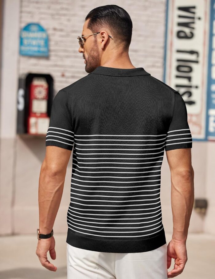 COOFANDY Men's Knit Polo Shirts Short Sleeve Striped Golf Polo Shirts Lightweight Casual Collared T Shirt - Image 3