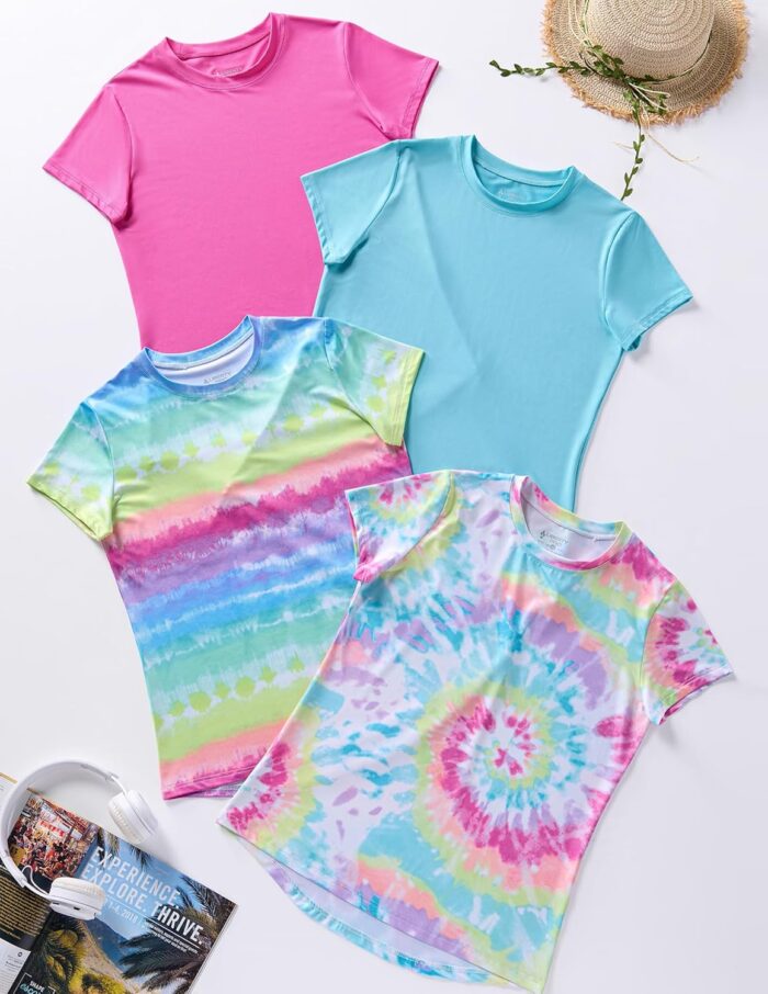 4 Pack: Youth Girls Athletic Shirts, Short Sleeve Dry Fit Apparel Tech Tshirts, Sports Activewear for Kids Teens - Image 2