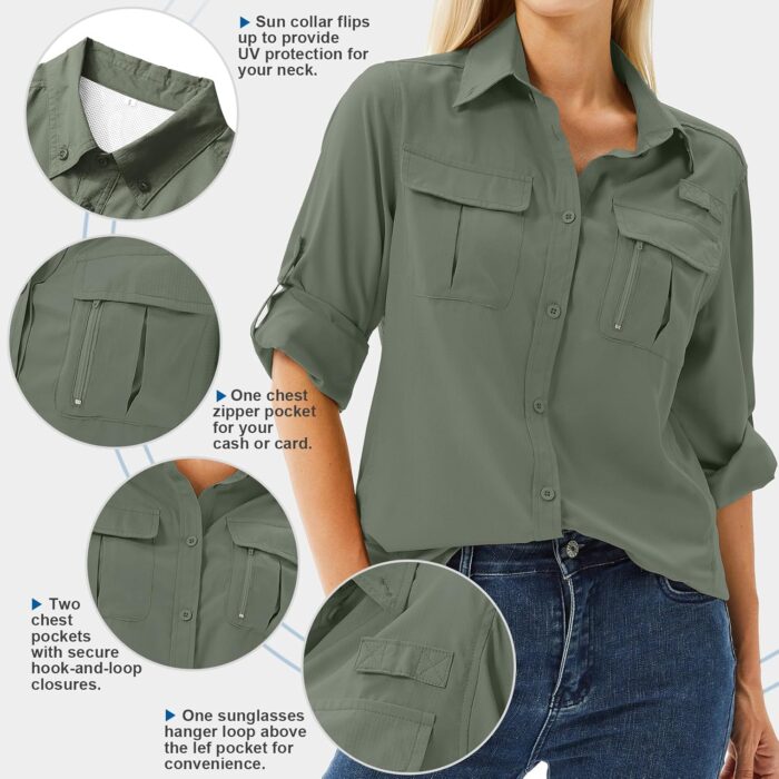 Women's UPF 50 Long Sleeve UV Sun Protection Safari Shirts Outdoor Quick Dry Fishing Hiking Travel Shirts - Image 3