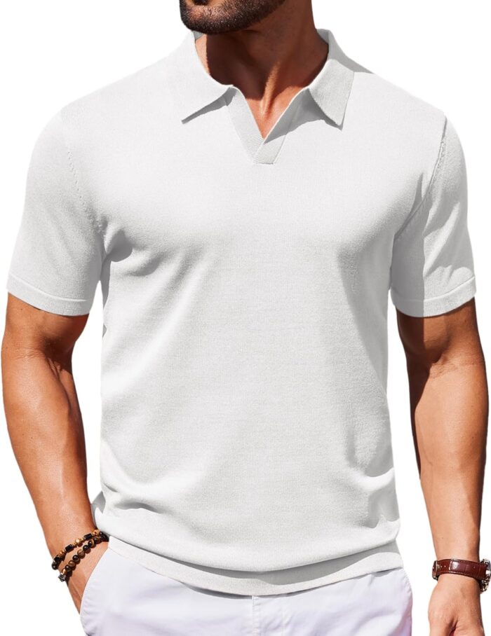 COOFANDY Mens Knit Polo Shirts V Neck Short Sleeve Stretch Polo T Shirt Casual Golf Shirts - Image 1