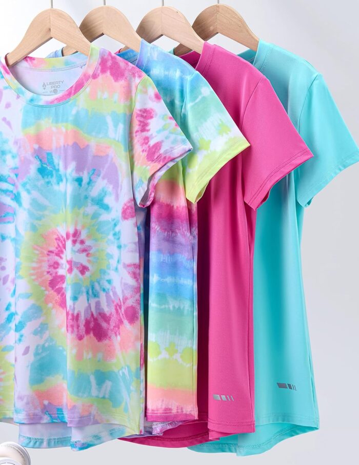 4 Pack: Youth Girls Athletic Shirts, Short Sleeve Dry Fit Apparel Tech Tshirts, Sports Activewear for Kids Teens - Image 3