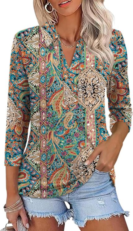 ZHENWEI Women's 3/4 Length Sleeve V-Neck Collared Tops Summer Business Casual Work Polo Shirts 2025